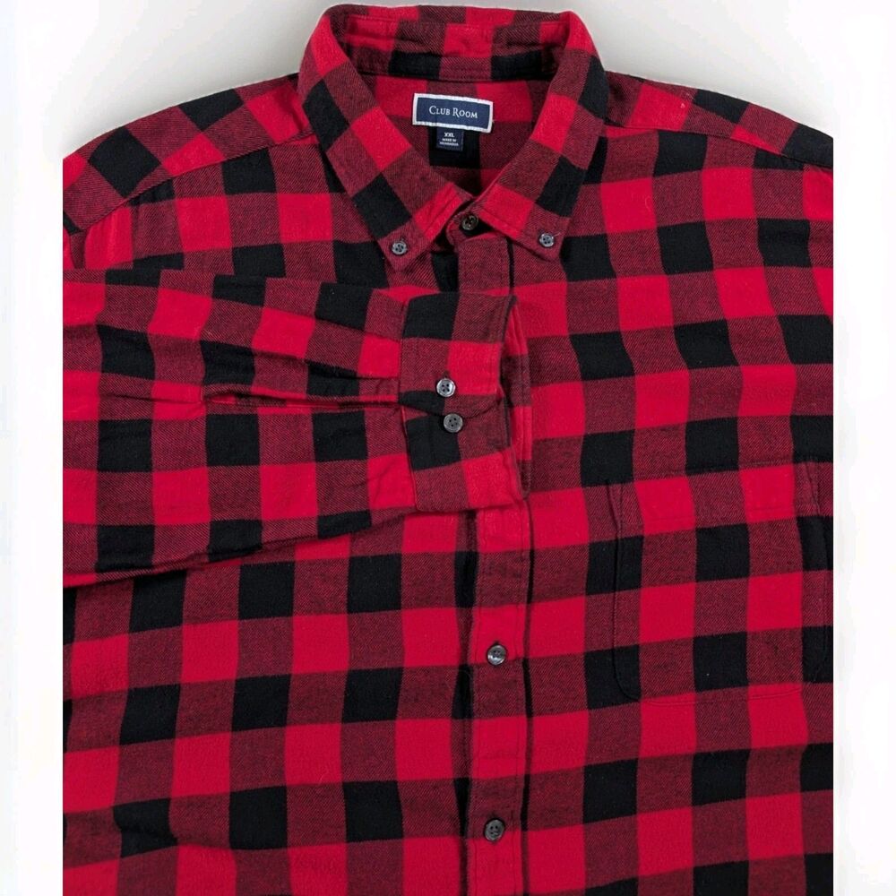 Club Room Flannel Shirt Mens XXL Red Plaid Button Down Pocket 100% Cotton Casual